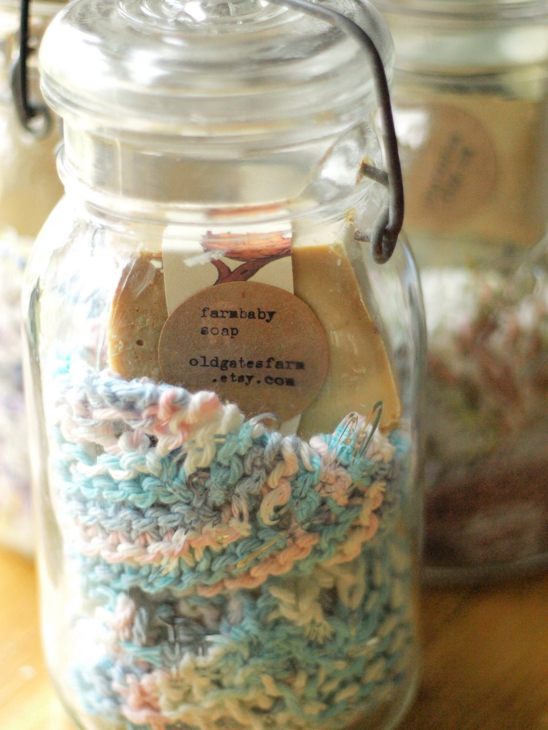 Aunt Elizabeth's Gift Set - Handmade Soap and Knitted Washcloth in Vintage  Glass Top Jar