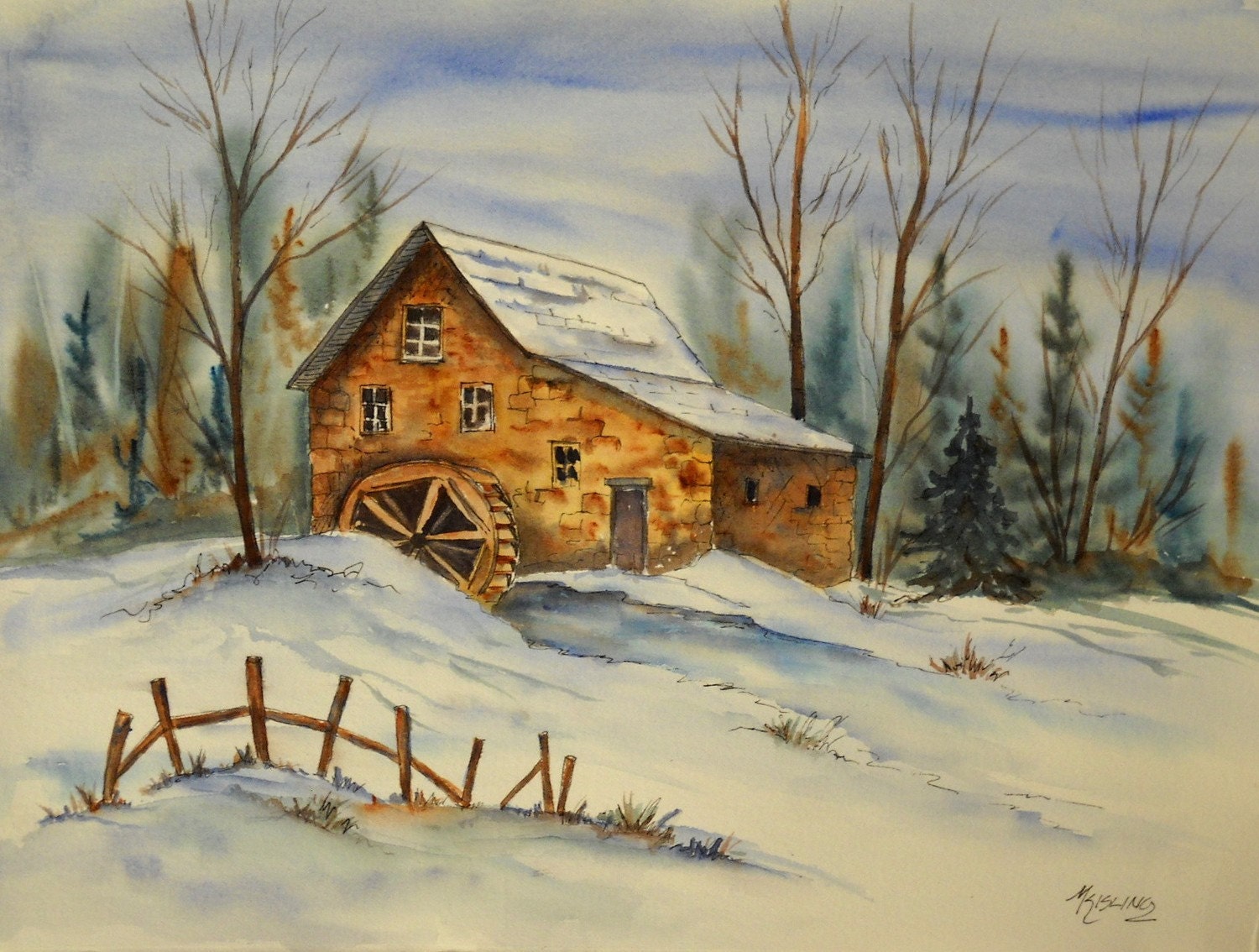 Ink and Watercolor of Snow, Trees and Old Mill House by Colorado Artist Martha Kisling