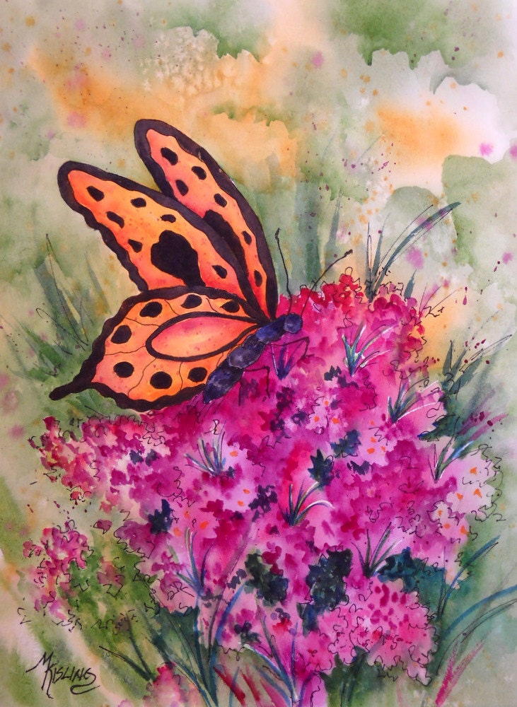 STUDIO SALE - Watercolor with Ink of Butterfly and Flowers - Martha Kisling Painting