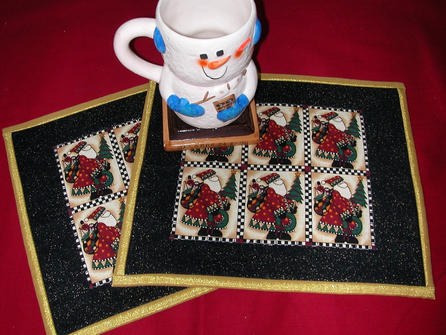SANTA SNACK MAT- Mug Rug - Candle Mat - Set of 2 - Debbie Mumm Vintage Santa.  in red, gold and black - TessieTextile