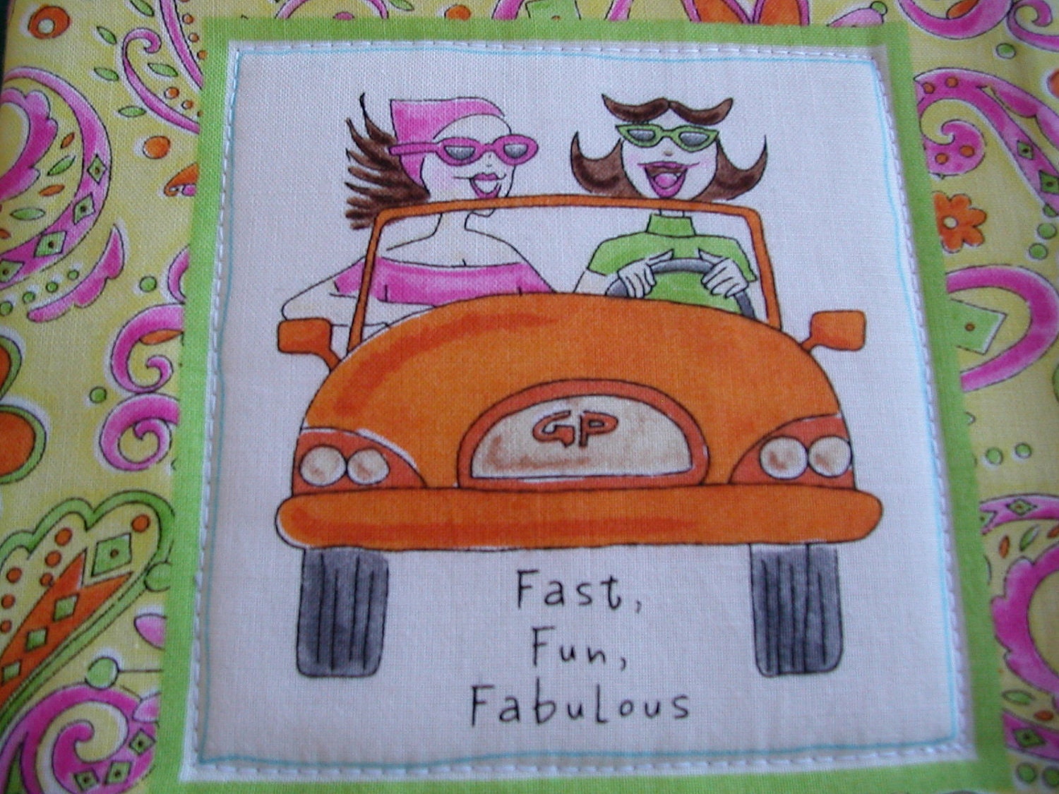 Quilted GIRLFRIENDS POTHOLDER - Fast, Fun, Fabulous in yellow and oranges