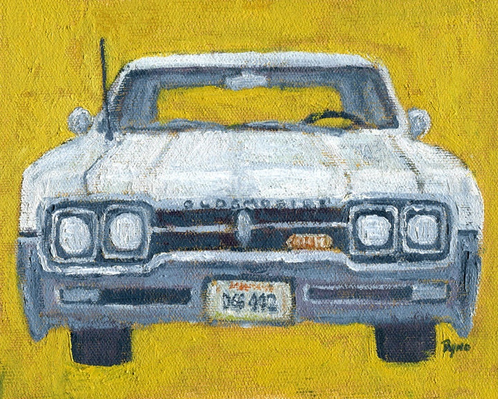 White Oldsmobile 442 - 6x8 - original oil painting, art, wall decor, folk, home and living