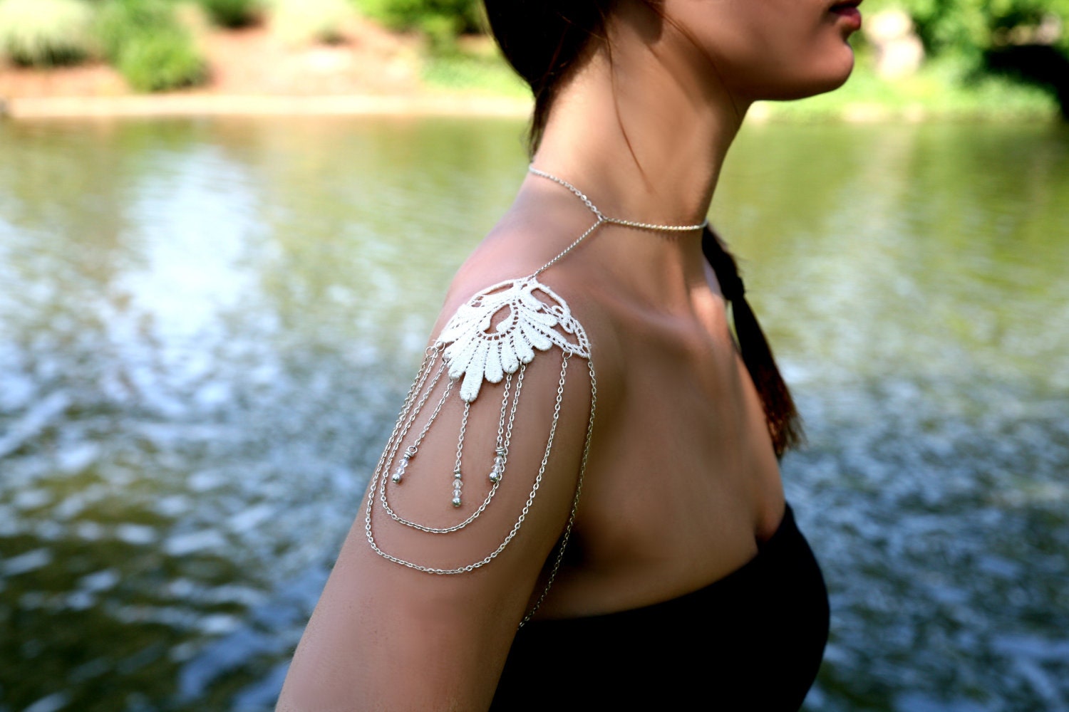 RESERVED LISTING - Vintage Lace Silver Shoulder Necklace - Adjustable