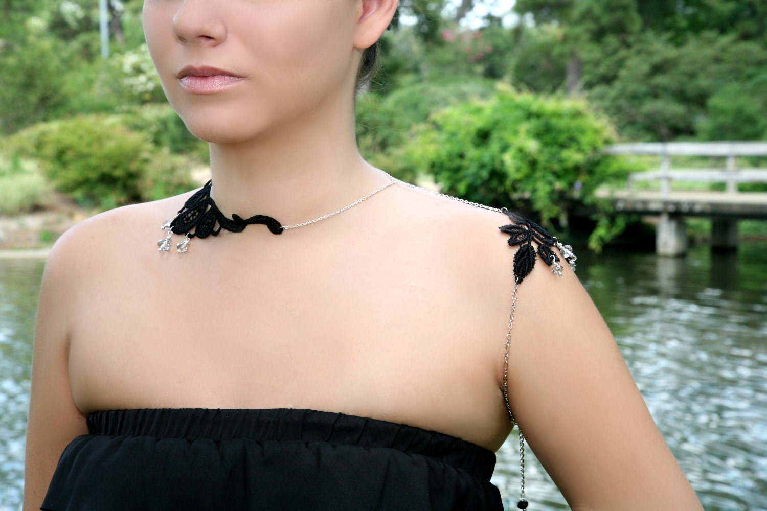 Black Lace Vine Silver Shoulder Necklace