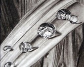 Original charcoal drawing, Water droplets on leaves