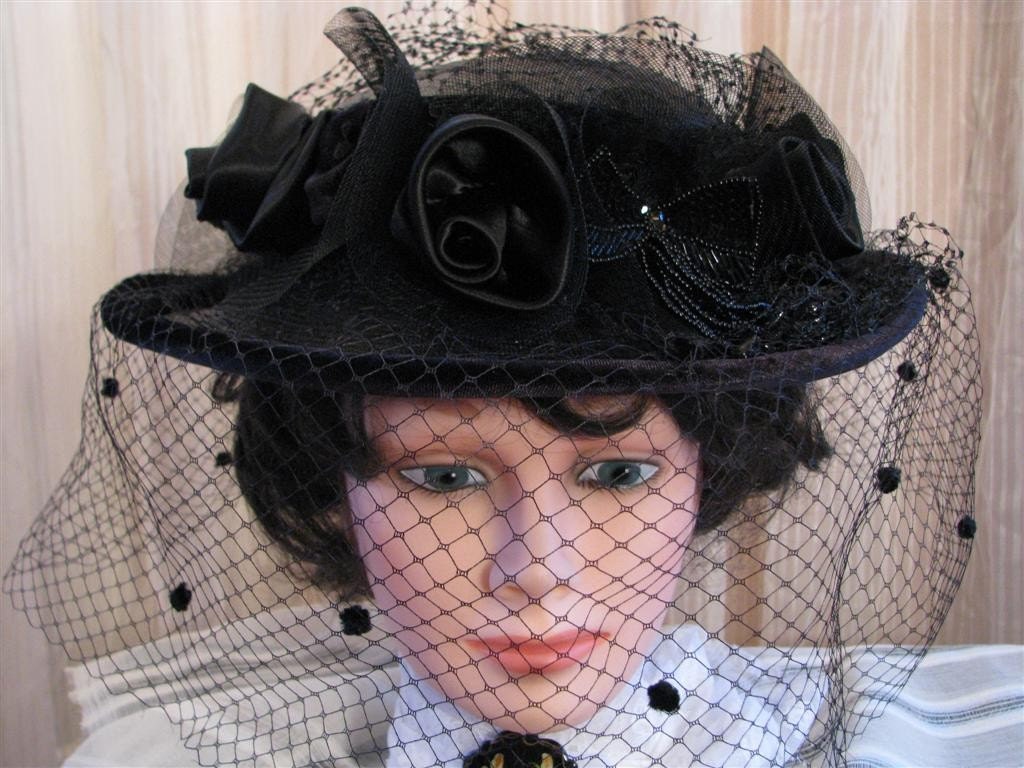 Victorian Edwardian 1910 Black straw hat with jet by ArafelDesigns