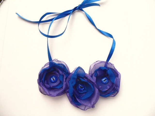 Royal Blue and Purple Three Flower Statement Necklace