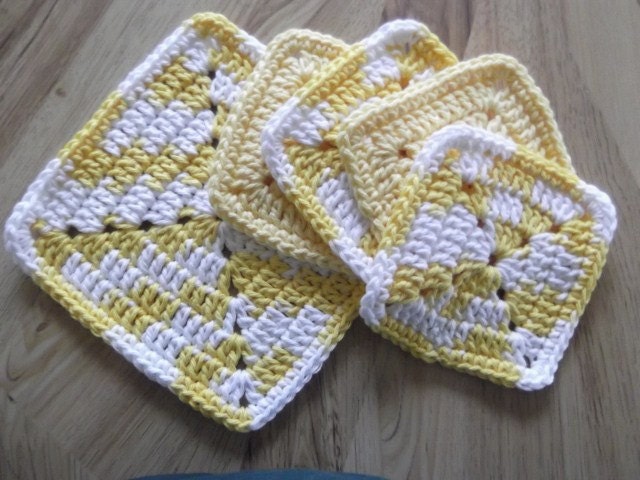 Crocheted Dishcloth, Wash Cloth, Pot Holder, Hot pads, and Coasters, Yellow and White, 100 per cent Cotton Yarn