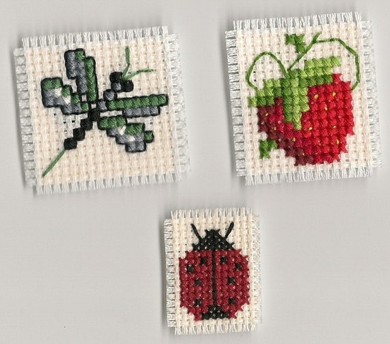 Finished Completed Cross Stitch Strawberry, Dragonfly and Lady Bug Magnets