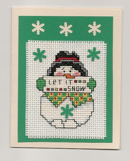 Finished Completed Cross Stitch Christmas Card Snowman