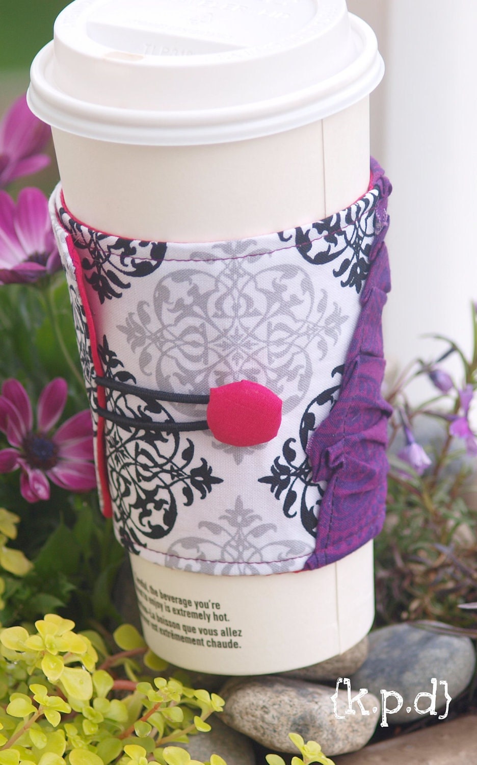 Coffee Cozy in Grey Damask with Purple Ruffle