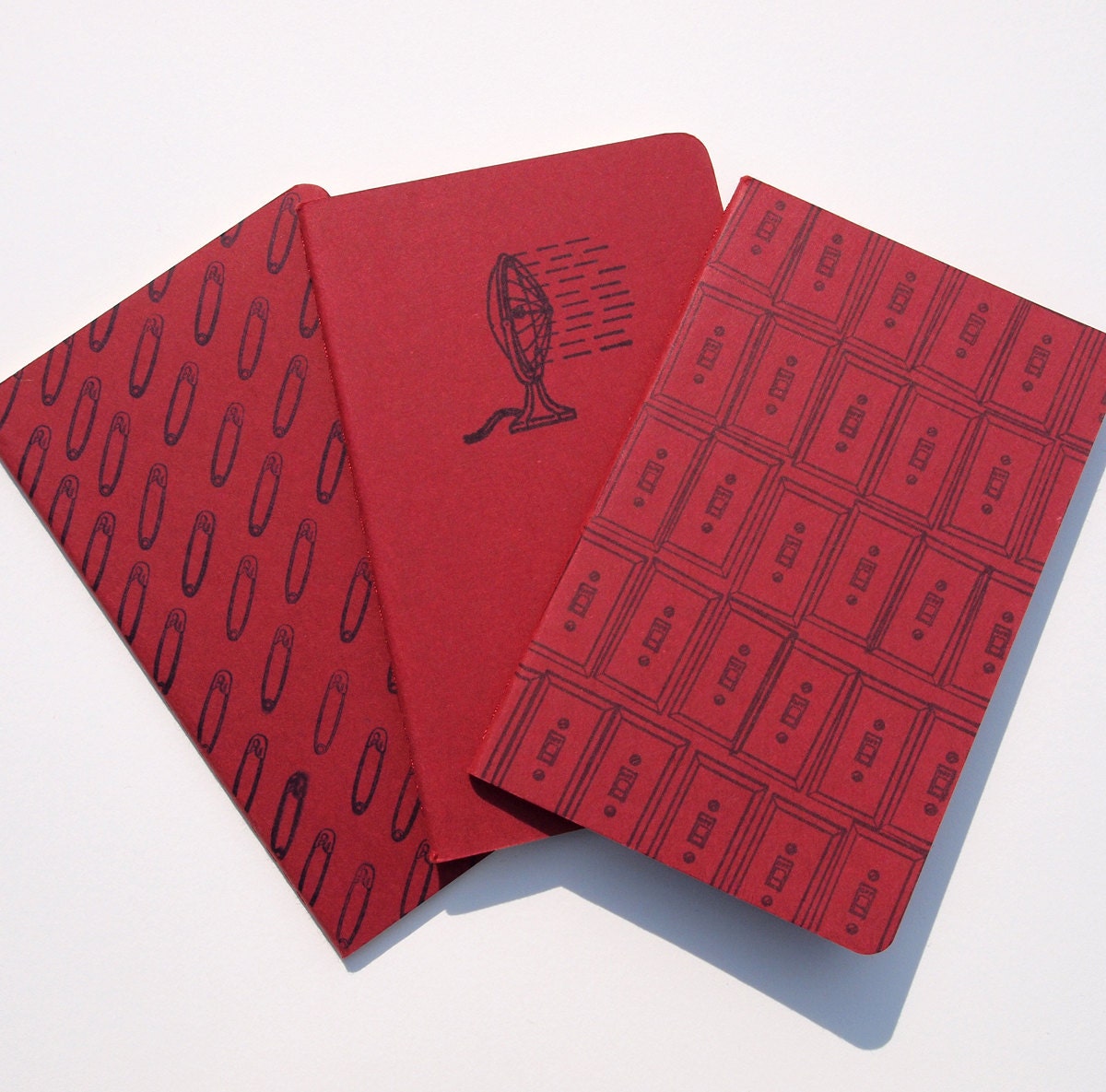Eclectic Moleskines set of 3 red pocket journals safety pins retro fan light switch