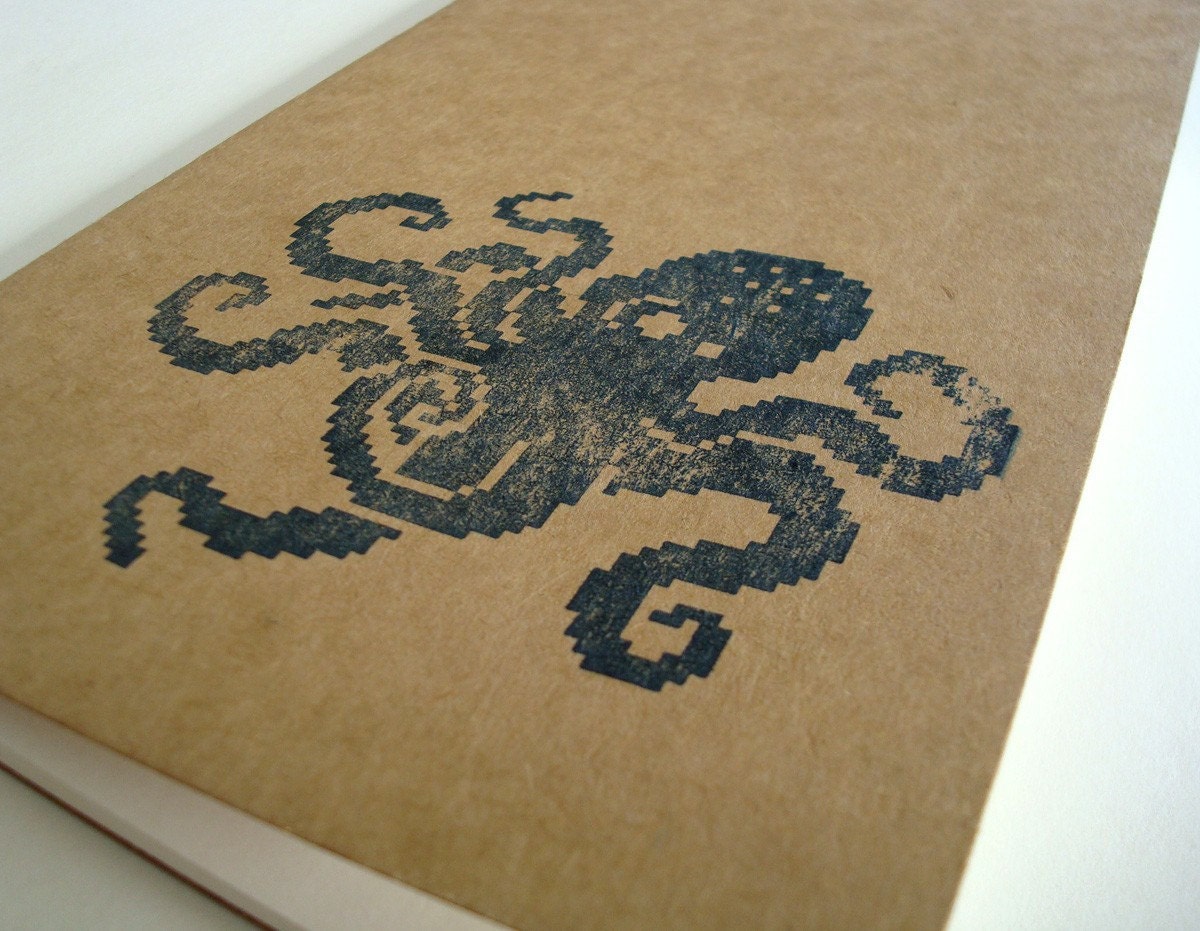 8 Bit Octopus large moleskine journal (lined) pixel notebook 8bit retro video game blue