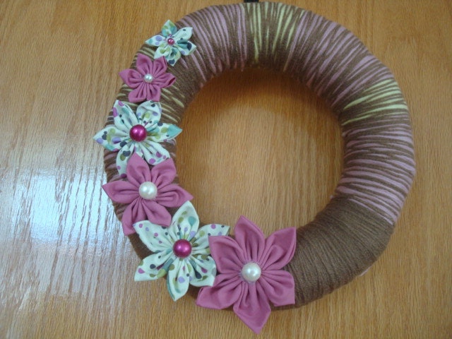 Brown Yarn Wreath With  Handmade Fabric Flowers -12 IN Wreath-Ready to Ship
