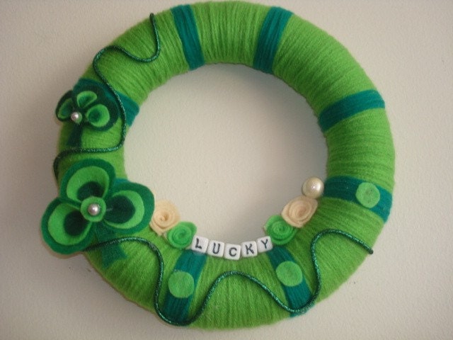 Handmade Yarn St. Patricks Day Wreath-Lucky-10 in wreath