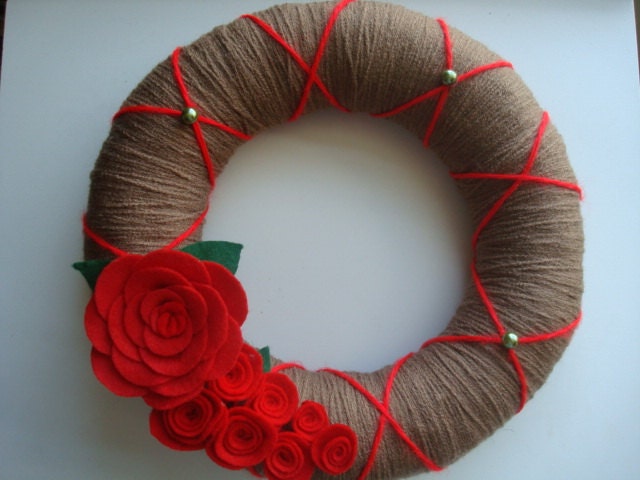 Brown Yarn Wreath With Handmade Red Roses -12 IN Wreath-Ready to Ship