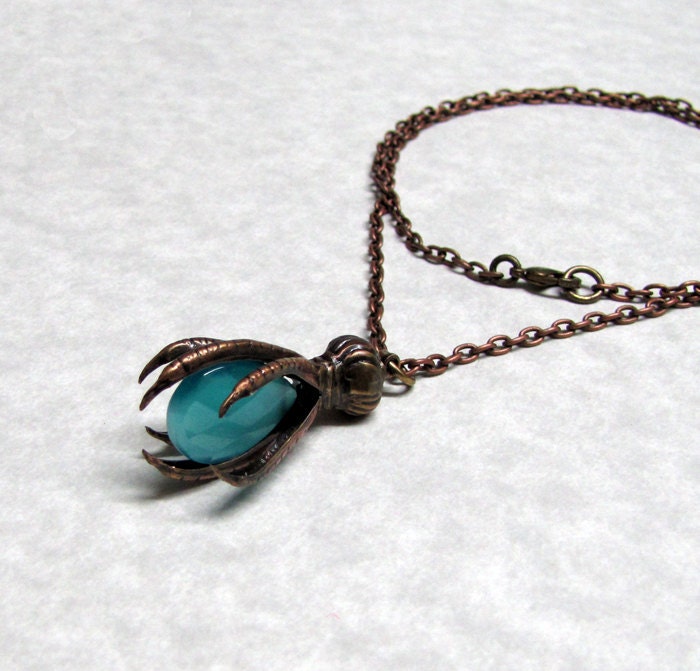 Talon's of the Raven Necklace with Aqua Blue Czech Gem "last one"
