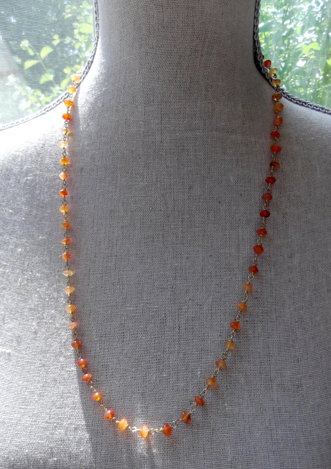 Multi Way Convertible Gold Wire Wrapped Shaded Carnelian Gemstone Rondelle Chain Necklace and Multi Wrap Bracelet