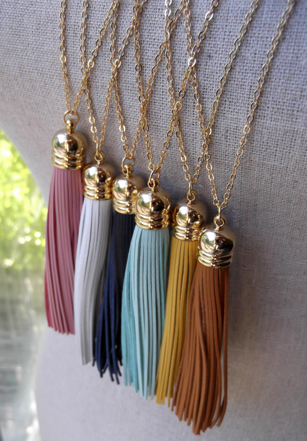 Turquoise Leather Tassel Necklace with Long Gold Chain