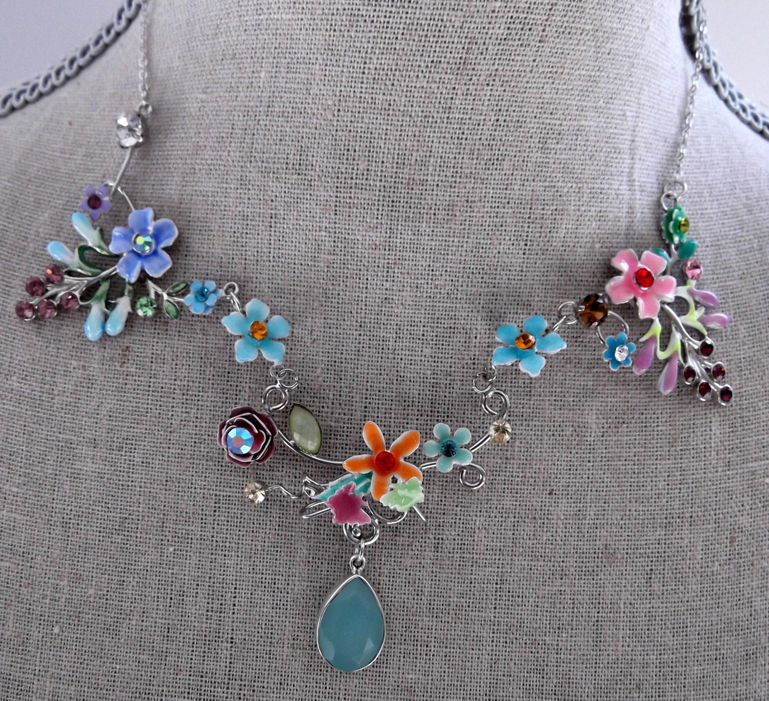 Garden Party Necklace - Colorful Floral Wire Wrapped Collar Necklace