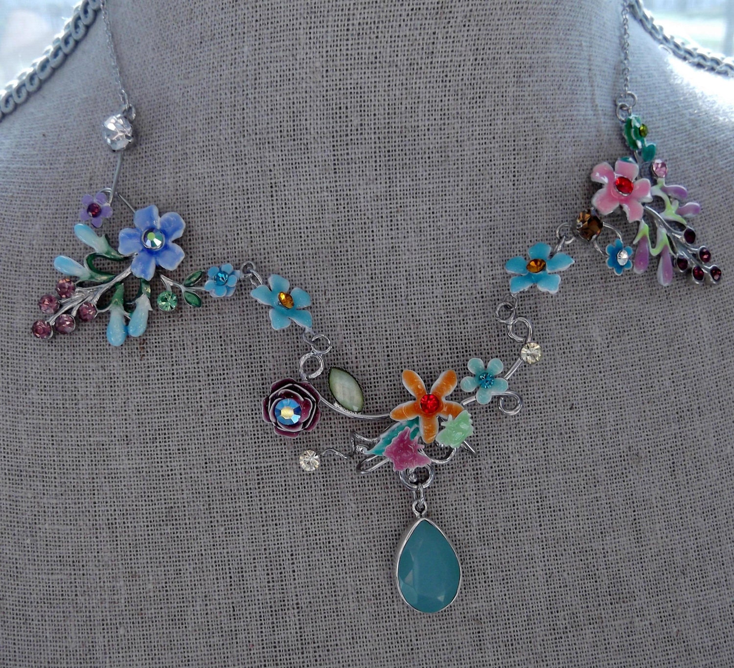 Garden Party Necklace - Colorful Floral Wire Wrapped Collar Necklace