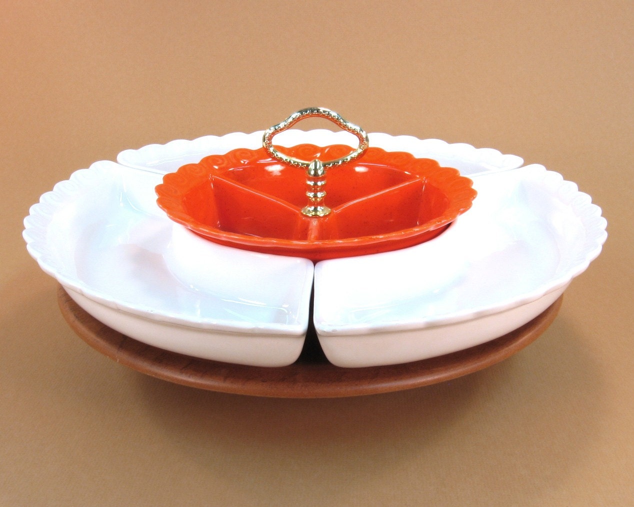 Lazy Susan Chip and Dip Set / Orange and White Mad Men Style