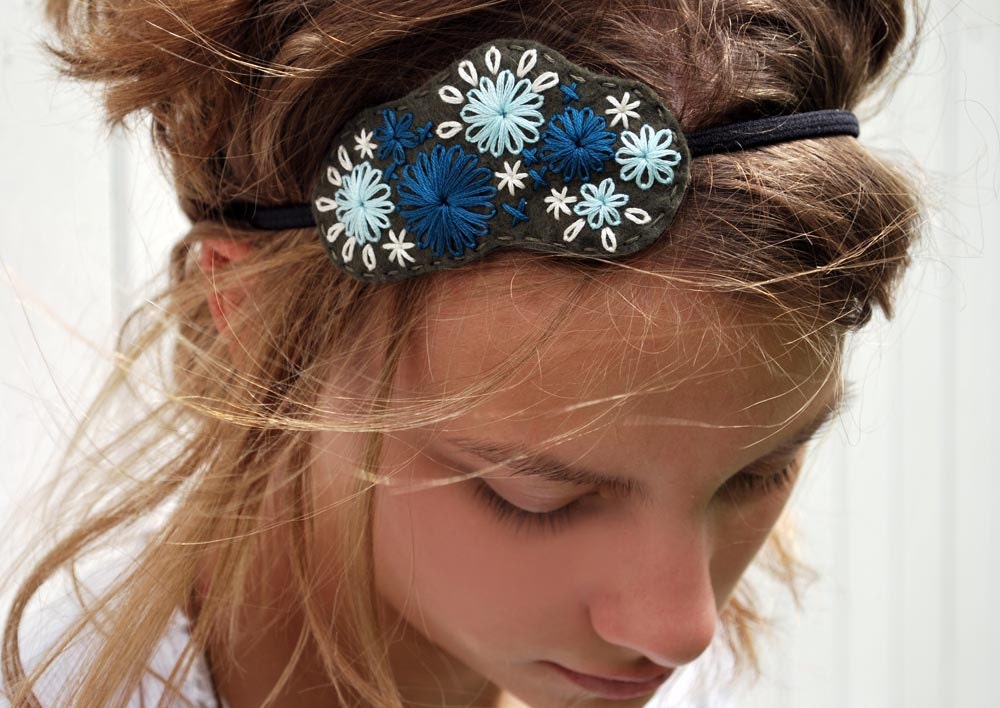 Felt Headband Hand Embroidered on Olive Green Wool Felt with Turquoise Blue Stitching by love, maude