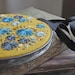 Hand Embroidered Wool Felt Hoop Art in Her Random Wanderings pattern mustard yellow turquoise pewter grey