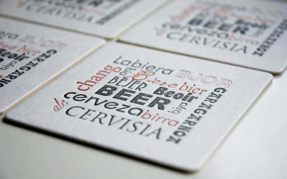 BEER language Coasters, modern design (Letterpress printed, 3.5 inches) set of 8, perfect gift for home brewer or beer lover