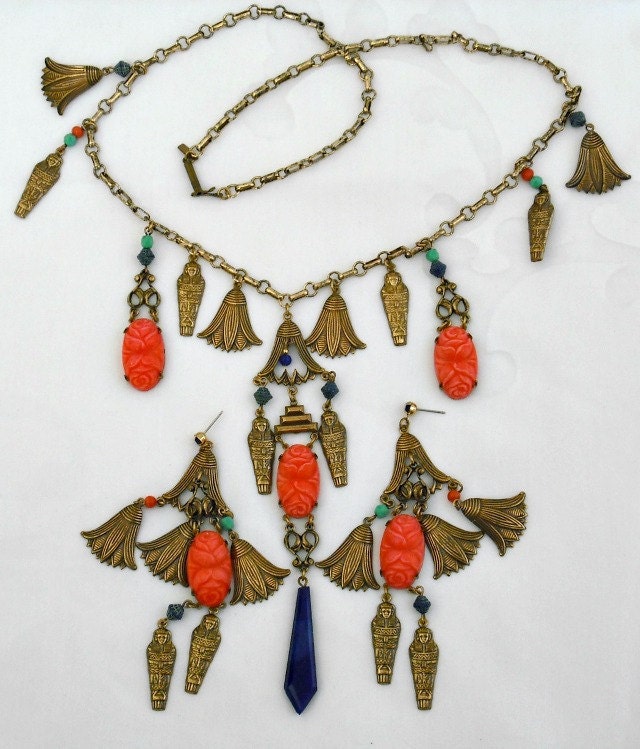 Vintage Sadie Green Set Egyptian Revival Necklace And Earring