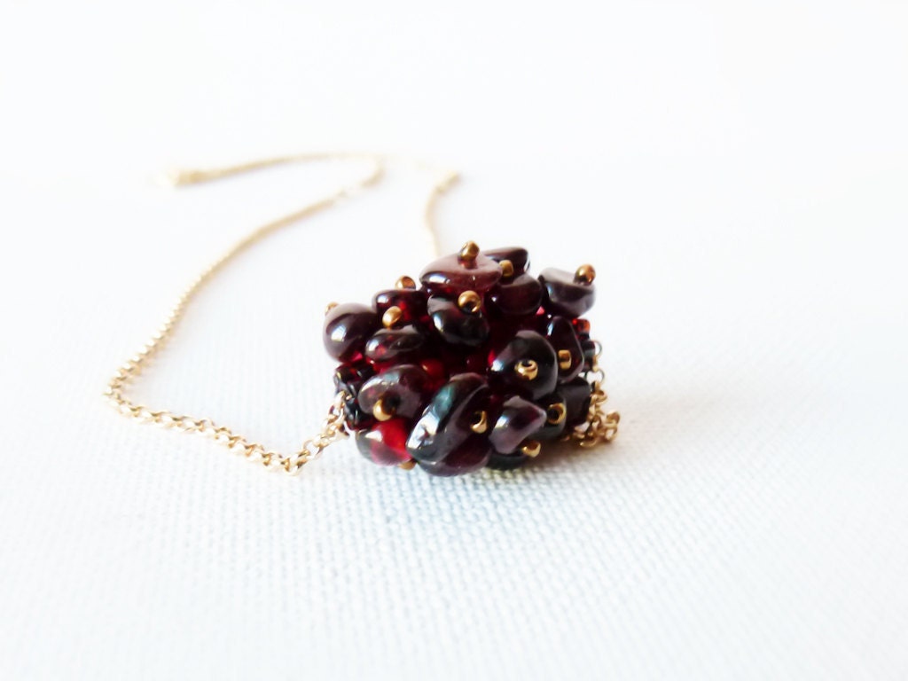 January birthstone pendant necklace Garnet burgundy red unique beaded bead  on gold field chain.