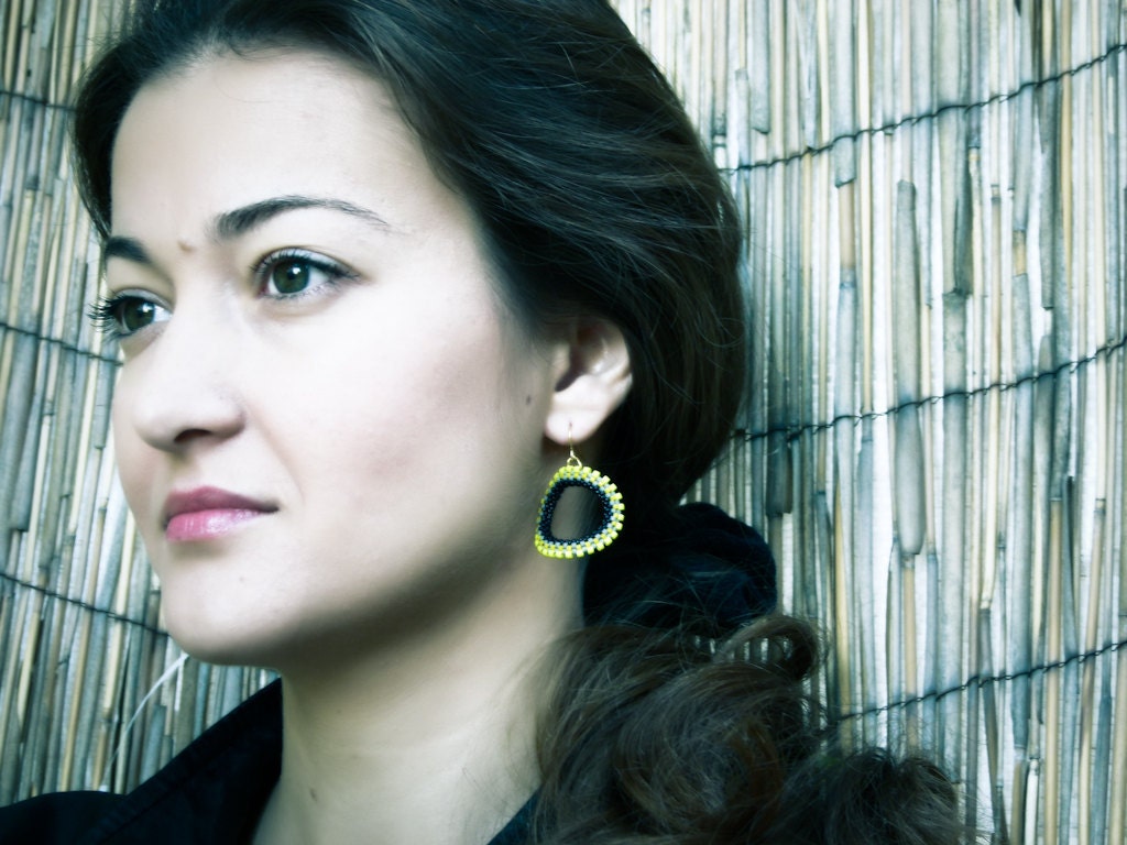 Urban chic hoop earrings. Neon yellow grey black  Modern jewelry  steampunk  inspired