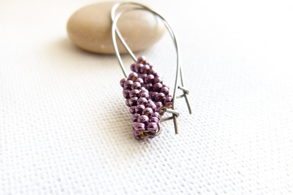 Eggplant. Beadwork tube dangle earrings. Fashion  beaded beads jewelry