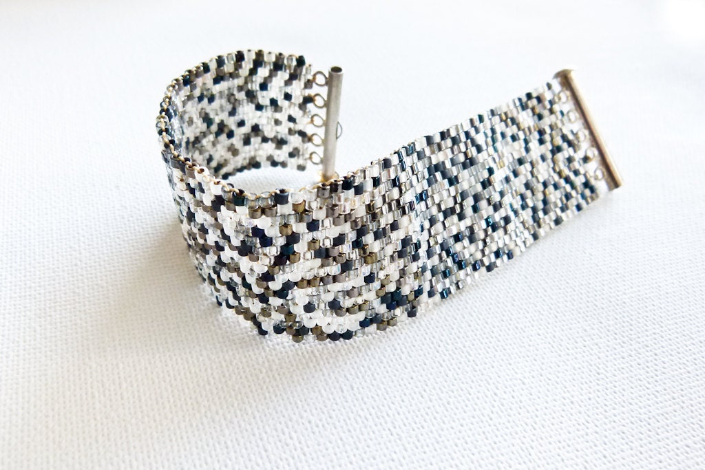 Matrix. Urban cuff bracelet. Silver Titanium Metallic mix modern beadwork chic jewelry.