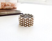 Wedding silver bronze  textured  band ring. Modern seed bead  fashion jewelry