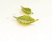 Spring jewelry Forest green yellow leaves seed beads beadwoven earrings, woodland wedding  summer fashion jewelry, nature miniature
