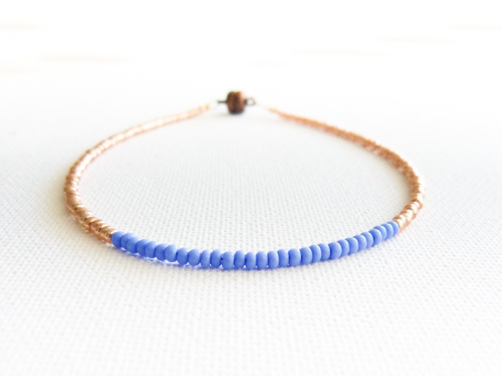 Thin beaded anklet Indigo gold tiny seed bead ankle cuff bracelet. sexy foot jewelry, color blocking,