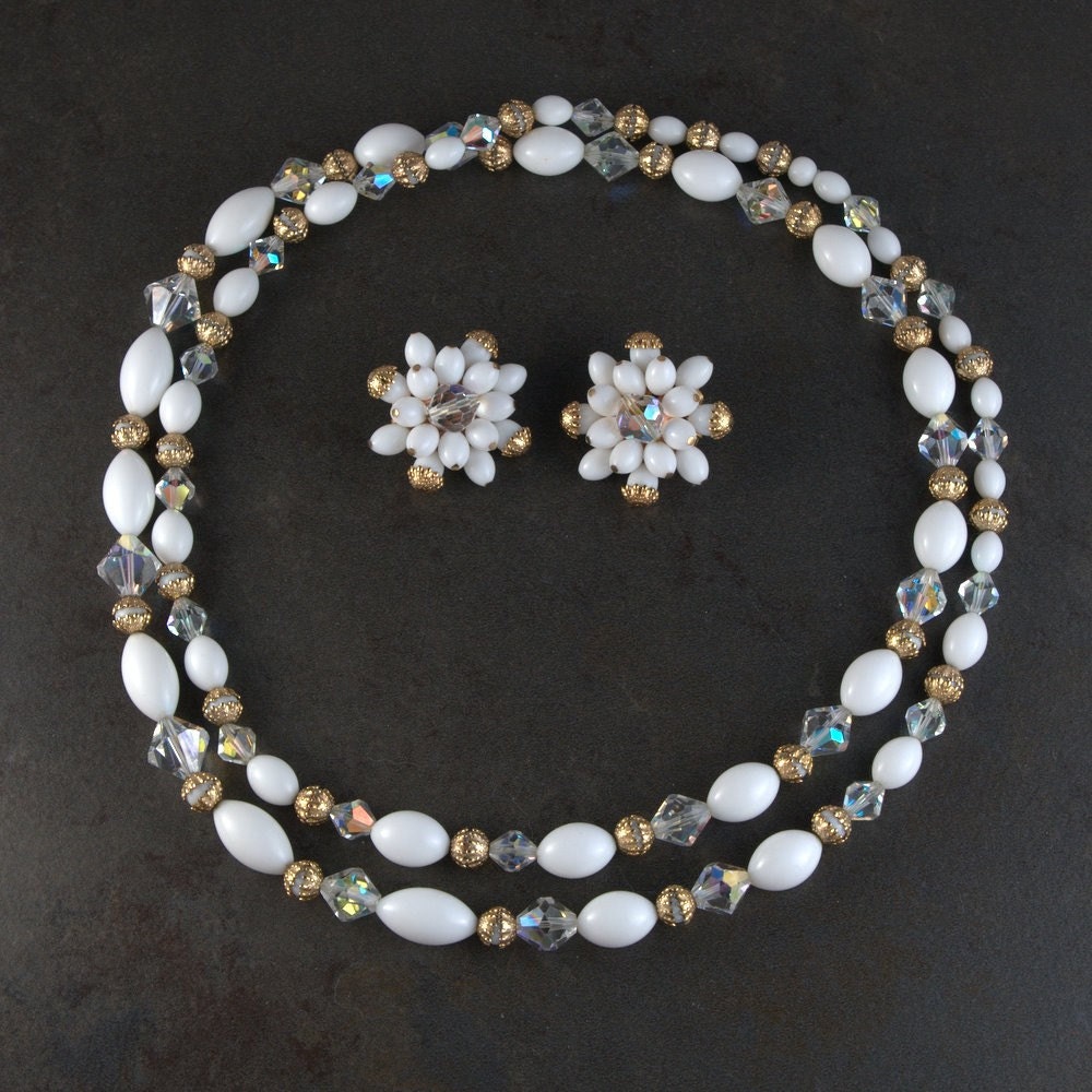 Milkglass and Crystal Necklace and Earrings Set
