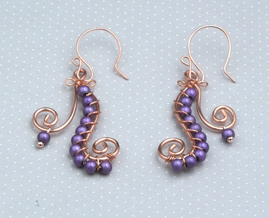 Copper Wire Earrings with Purple Beaded Spirals