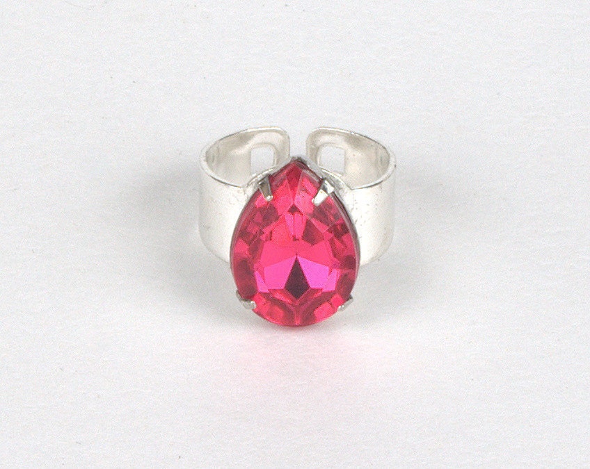 Stunning Fuchsia Pink Rhinestone Siver Ring - Upcycled Vintage Earring