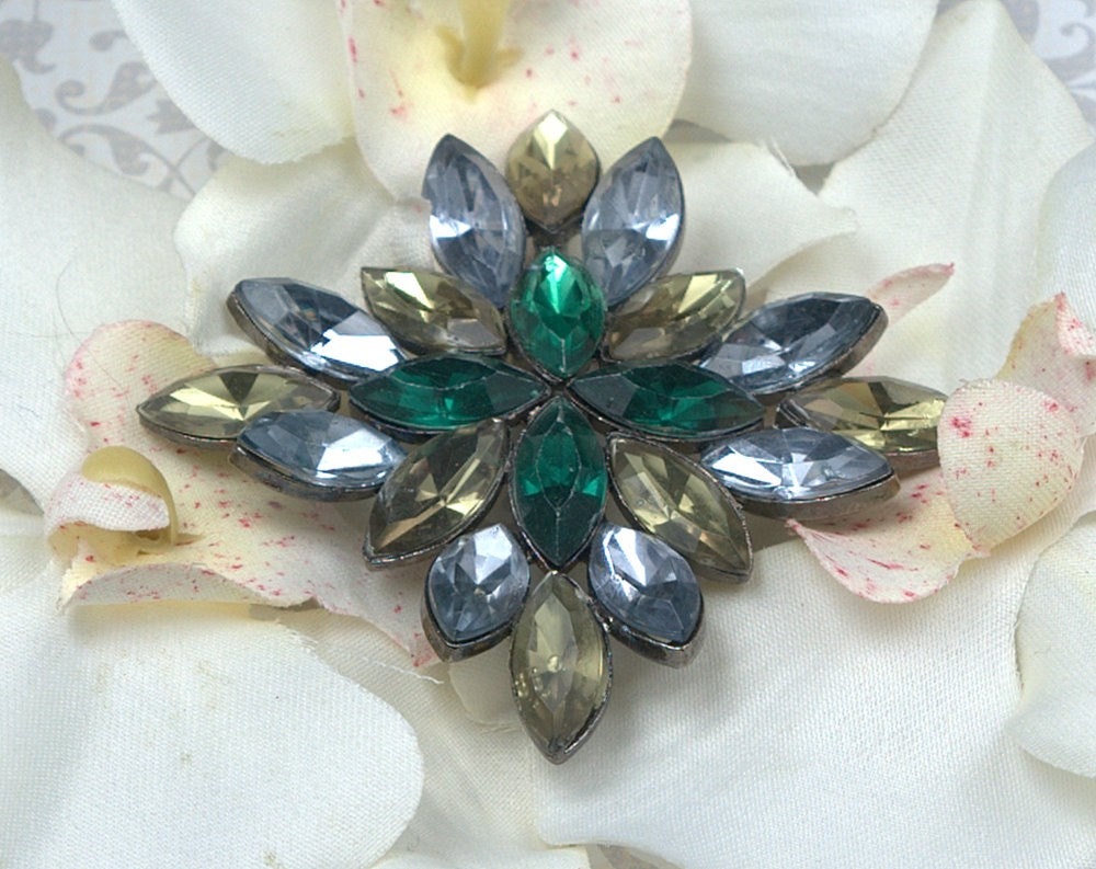 Vintage Green and Blue Rhinestone Brooch