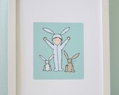 Childrens Art Print - Nursery Art Print - BOYS Kids Room Decor - Blue Bunny - 5x7