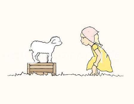 Childrens Art Print - Nursery Art Print - GIRLS Kids Room Decor -Hello Little Lamb - 8x10