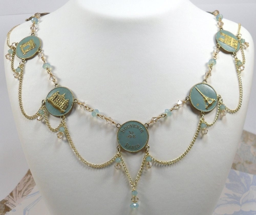 Souvenir De Paris Necklace - Gorgeous One of A Kind Upcycled Necklace in Parisienne Blue...