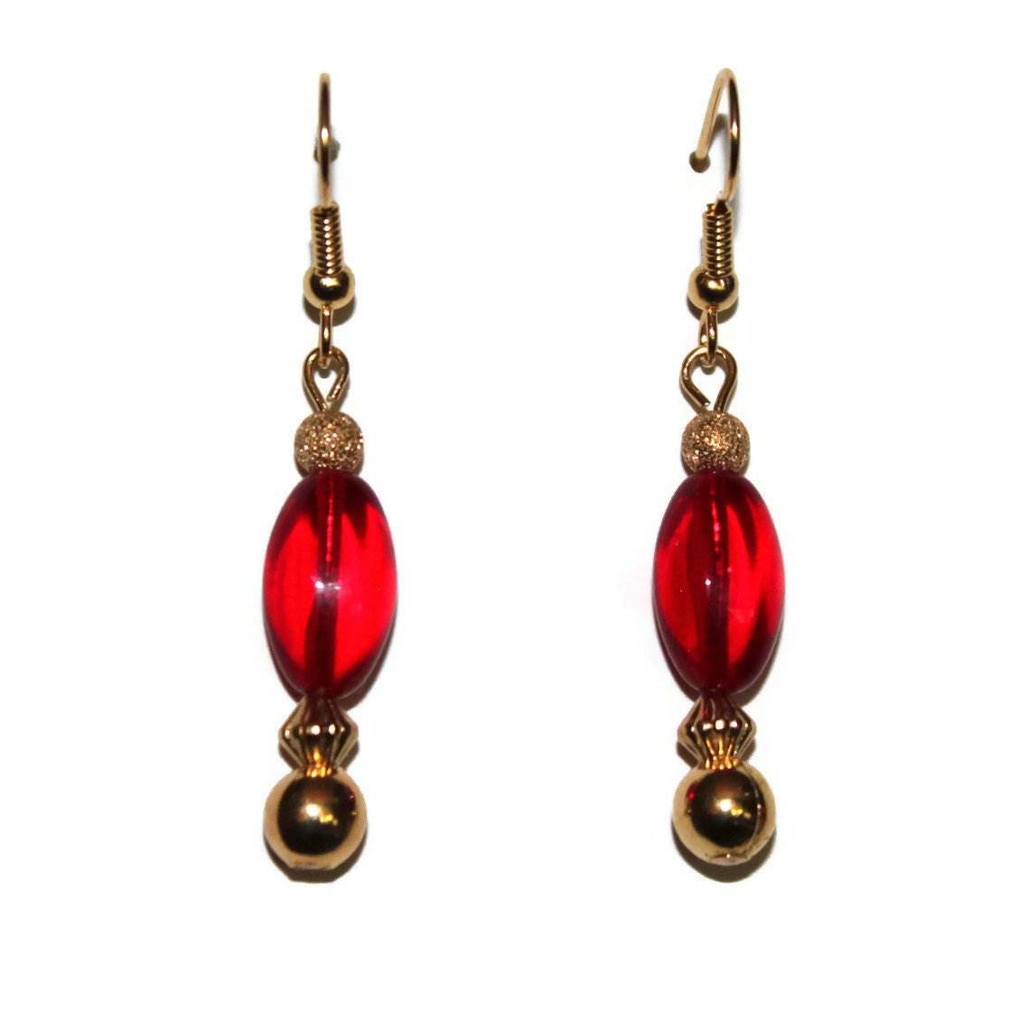 beaded earrings -  red glass -  pierced - solitary pair drop
