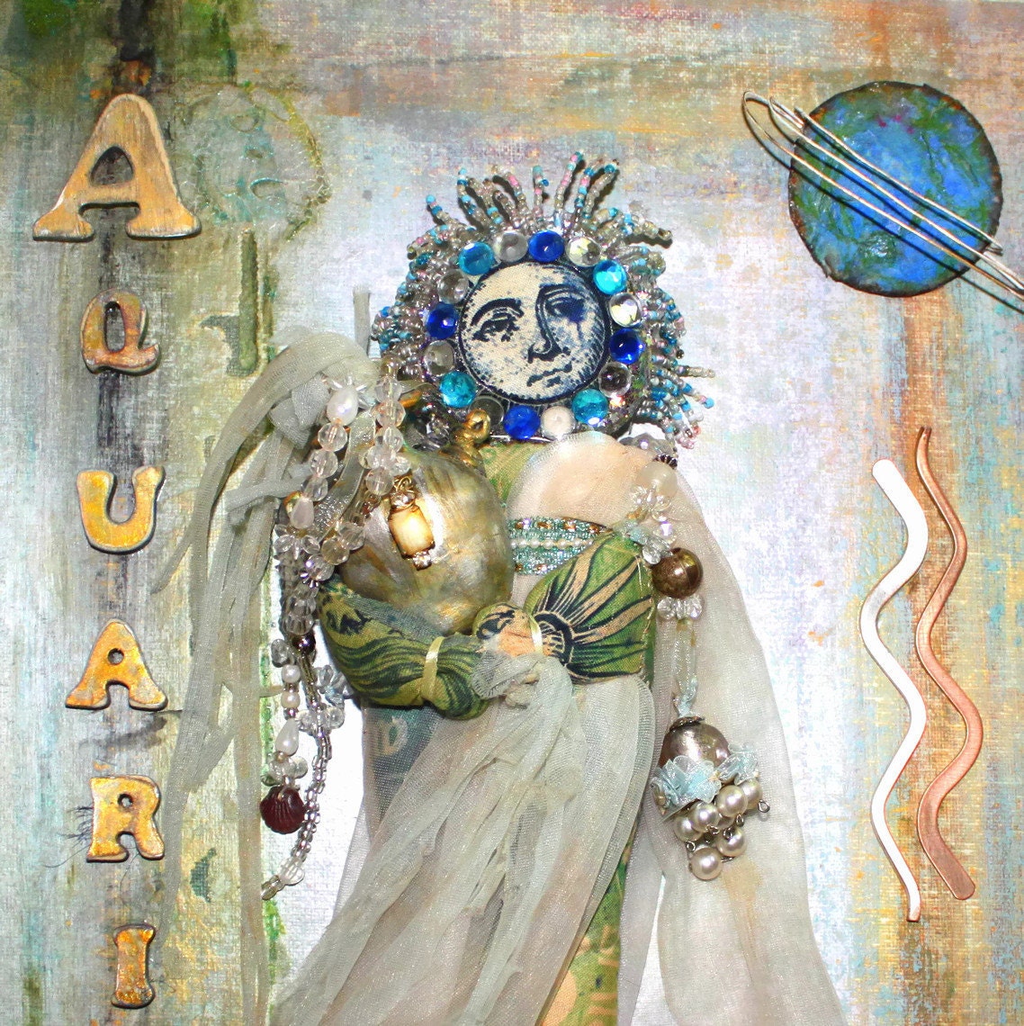 Aquarius art doll exclusive mixed media zodiac astrology collage