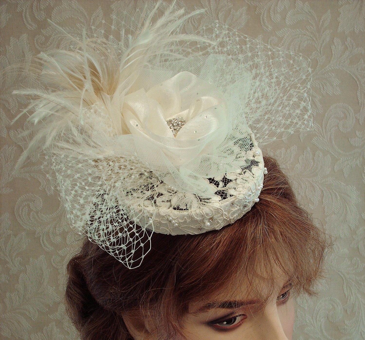Woman's Cocktail Hat, Wedding Headpiece, Bridal Fascinator, Wedding Hat, Birdcage Veil, Lace Headpiece, 1940s, Rhinestones, Pearls, Feathers