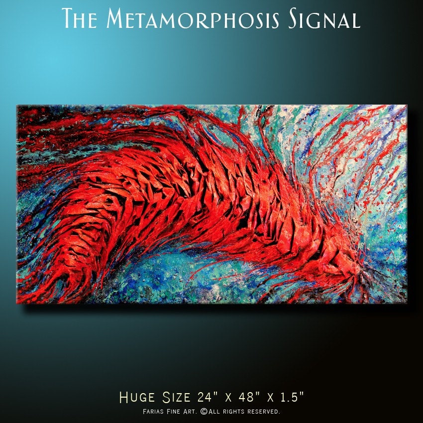 Modern Abstract Painting 48x24 ORIGINAL Acrylic Fine Art by Federico Farias. Textured 3D, Stretched Canvas, Big, Red, Blue, Aqua.