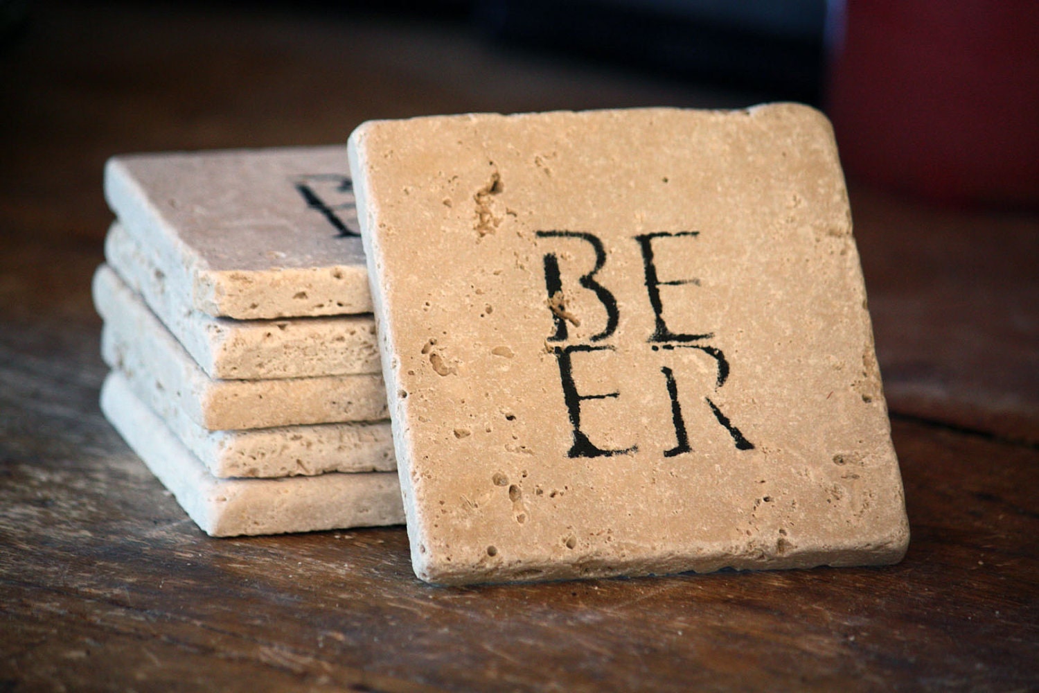 BEER Natural Tumbled Marble Handpainted Set of 6 Coasters Under 25 Rustic Home Decor, Man Cave, Dorm Dad Fathers Day Gift for Guy