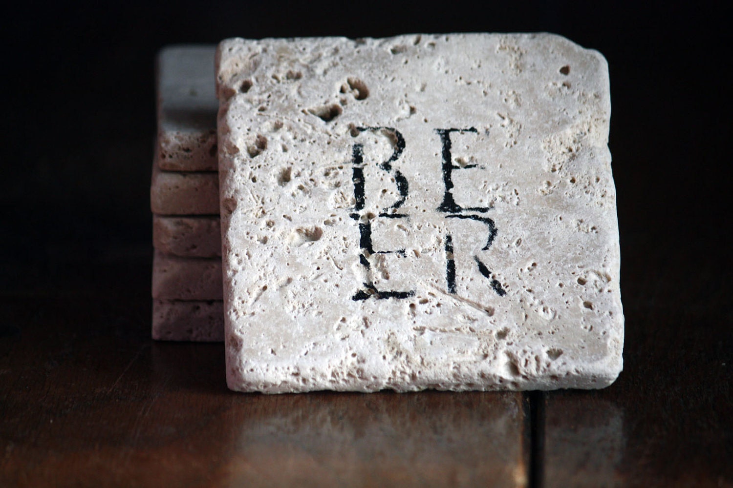 BEER Natural Tumbled Marble Handpainted Set of 6 Coasters Under 25 Rustic Home Decor, Man Cave, Dorm Dad Fathers Day Gift for Guy